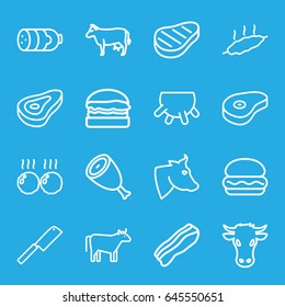 Beef icons set. set of 16 beef outline icons such as cow, udder, beef, sausage, bacon, meat, burger