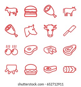 Beef icons set. set of 16 beef outline icons such as cow, udder, beef, sausage, meat, burger