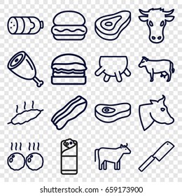 Beef icons set. set of 16 beef outline icons such as cow, udder, beef, sausage, burrito, bacon, meat, burger
