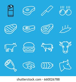Beef icons set. set of 16 beef outline icons such as cow, beef, sausage, burrito, meat, butcher knife