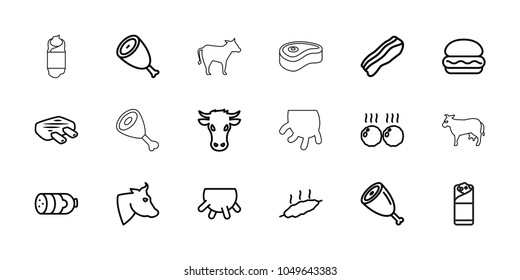 Beef icons. set of 18 editable outline beef icons: udder, sausage, beef, cow, burger, burrito, bacon