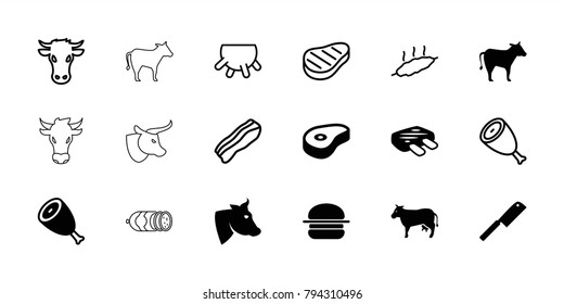 Beef icons. set of 18 editable filled and outline beef icons: beef, cow, meat, butcher knife, udder, bacon, sausage