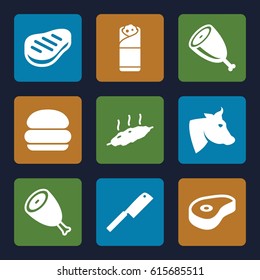 Beef icons set. set of 9 beef filled icons such as beef, cow, burrito, meat, butcher knife
