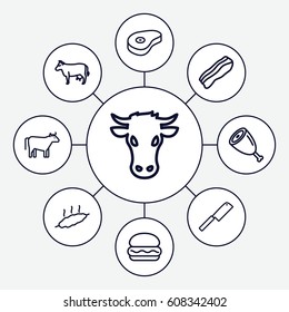 Beef icons set. set of 9 beef outline icons such as cow, beef, bacon, meat, butcher knife