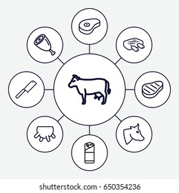 Beef icons set. set of 9 beef outline icons such as cow, udder, burrito, beef, meat