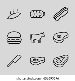 Beef icons set. set of 9 beef outline icons such as cow, beef, sausage, bacon, meat, butcher knife