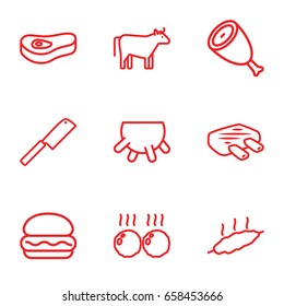 Beef icons set. set of 9 beef outline icons such as cow, udder, beef, meat, butcher knife