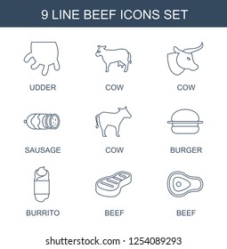 beef icons. Trendy 9 beef icons. Contain icons such as udder, cow, sausage, burger, burrito. beef icon for web and mobile.