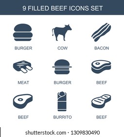 beef icons. Trendy 9 beef icons. Contain icons such as burger, cow, bacon, meat, burrito. beef icon for web and mobile.