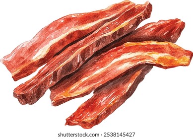 Beef jerky strips watercolor hand painted. Savory dried meat snacks isolated on white background.