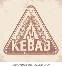 Beef kebab vintage sticker monochrome with two skewers with minced meat fried on fire for restaurant Arabic cuisine vector illustration