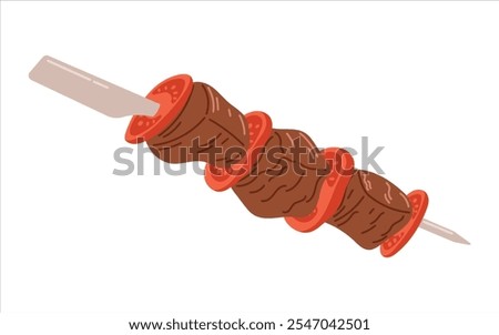 Beef or lamb meat shashlik with tomatoes on a skewer. Traditional Turkish cuisine, shish kebab dish, meat fried on a spit. Vector isolated on white flat food illustration.