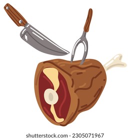 Beef leg is cut with a knife into steaks. Baked pork tenderloin, knife, fork in cartoon style on a white background. Drawing for the grill menu, food stickers on a white background. Oktoberfest theme