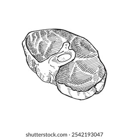 Rinderschenkelscheibe, handgezeichnete Illustration, schwarze Umrisslinie auf weißem Hintergrund, Gravierungsstil