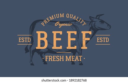 Beef logo. Cow isolated on dark blue background. Cow silhouette. Beef meat vintage logo. Emblem for butcher shop, steak house, restaurant. Vector illustration