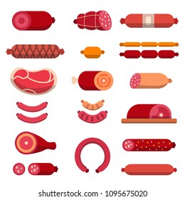 Beef, mariscos, marbled meat and other different illustrations for butcher shop. Vector pictures isolate. Meat and beef, food butcher pork, ham and fresh steak illustration