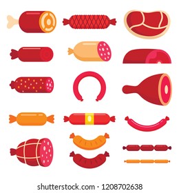 Beef, mariscos, marbled meat, sausage and other different vector illustrations for butcher shop. Vector pictures isolated on white. Meat and sausage, food butcher pork, ham and fresh steak