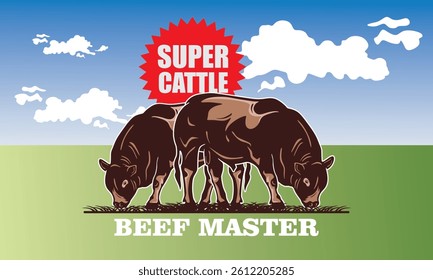 beef master big super cattle at farm, great poster of strong and healthy cow eating grass vector illustrations