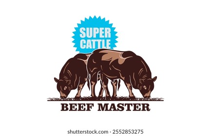 gado mestre de carne de pé no logotipo da fazenda, silhueta de grandes ilustrações vetor de pastagem de vaca