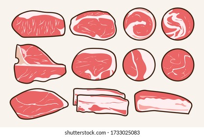 Beef meat collection: part of sliced beef. Farm cow product vector illustration flat drawing in light background.
