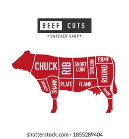 Beef Meat Cuts. Diagram and scheme - Cow/Bull. Poster for butcher shop. Retro style. Vector illustration.