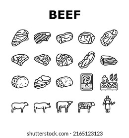 Beef Meat Nutrition Production Icons Set Vector. Shank And Steak, Chuck And Round, Bacon And Ham Beef Meat In Package, Bbq Fried And Grilled Food Cooked From Farm Animal Black Contour Illustrations