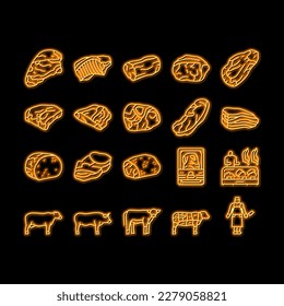 Beef Meat Nutrition Production neon light sign vector. Shank And Steak, Chuck And Round, Bacon And Ham Beef Meat In Package, Bbq Fried And Grilled Food Cooked From Farm Animal Illustrations