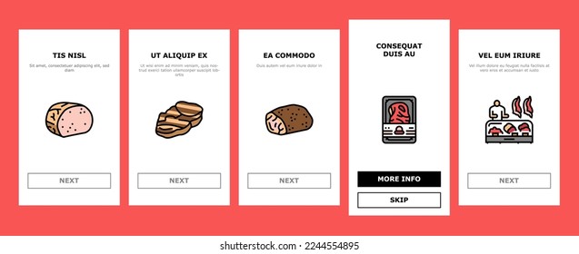 Beef Meat Nutrition Production onboarding mobile vector. Shank And Steak, Chuck And Round, Bacon And Ham Beef Meat In Package, Bbq Fried And Grilled Food Cooked From Farm Animal Color Illustrations