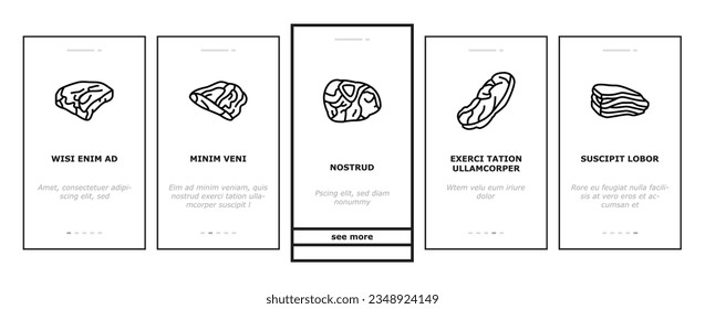 Beef Meat Nutrition Production onboarding mobile vector. Shank And Steak, Chuck And Round, Bacon And Ham Beef Meat In Package, Bbq Fried And Grilled Food Cooked From Farm Animal Color Illustrations