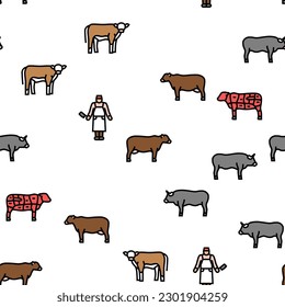 Beef Meat Nutrition Production Vector Seamless Pattern Thin Line Illustration
