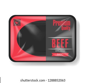 Beef meat packaging. Plastic tray container with cellophane cover. Mockup template for your design. Plastic food container. Vector illustration.