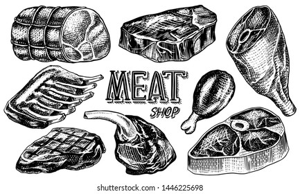 Beef meat, pork steak, chicken leg, meatloaf, bacon and ribs. Barbecue food in vintage style. Templates for restaurant menu, emblems or badges. Hand drawn sketch.