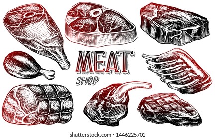Beef meat, pork steak, chicken leg, meatloaf, bacon and ribs. Barbecue food in vintage style. Templates for restaurant menu, emblems or badges. Hand drawn sketch.