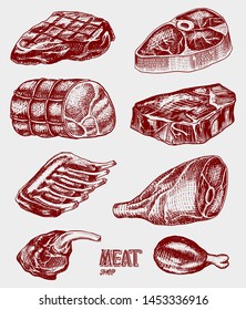 Beef meat, pork steak, chicken leg, meatloaf, bacon and ribs. Barbecue food in vintage style. Templates for restaurant menu, emblems or badges. Hand drawn sketch.