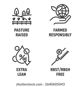 Beef meat quality icons set - Farmed responsibly, Pasture raised, rBST and rBGH antibiotics free and Extra lean. Pictograms for labeling in bold line