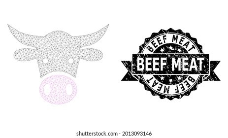 Beef Meat rubber seal print and vector cow head mesh model. Black seal has Beef Meat tag inside ribbon and rosette. Abstract flat mesh cow head, created from flat mesh.