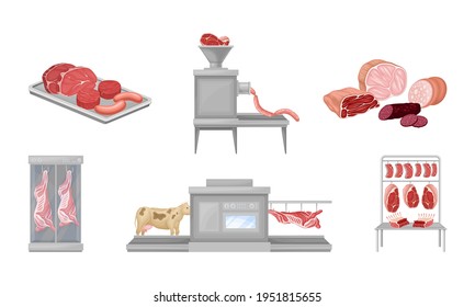 Beef Meat and Sausage Products Automated Factory Production Line Process Vector Set