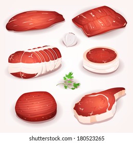 Beef Meat Set/ Illustration Of A Set Of Cartoon Pieces Of Raw Beef Meat, With Steak, Roast And Slices