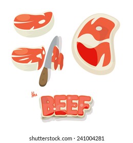 Beef Meat Set. pieces of raw beef meat and slice in cartoon style - vector illustration
