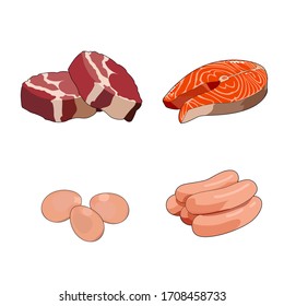 Beef meat steak, raw loin cuts. Red meat slices. Chicken sausages, poultry. Fresh salmon steak. Red fish fillet. Eggs. Breakfast food full protein. Vector graphic illustration isolated