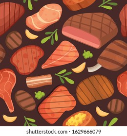 Beef meat steaks, grill menu for restaurant, barbecue and meat food seamless pattern, vector illustration. Cartoon ham, beef steaks, grilled meat with chop on dark background.