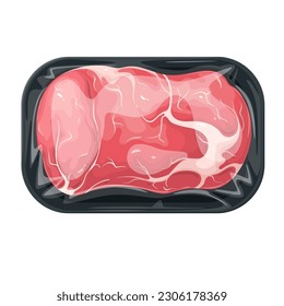 Beef meat in supermarket styrofoam package vector illustration. Cartoon isolated red raw organic meat section in plastic tray wrap in clear cellophane, farm natural protein product in polystyrene pack