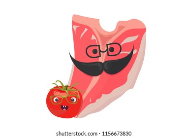 Beef Meat vector illustration: t-bone raw steak with cute tomato.
