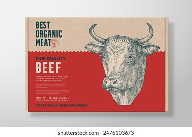 Beef Meat Vector Packaging Label Design on a Craft Cardboard Food Box Container. Modern Typography and Hand Drawn Domestic Cow Face Head Background Layout. Isolated