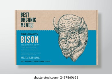 Vector de carne de res Diseño de etiquetas de embalaje en un contenedor de caja de alimentos de cartón artesanal. Tipografía moderna y diseño de fondo de la cabeza de la cara del bisonte doméstico dibujado a mano. Aislado