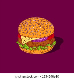 Beef meat or vegetable cutlet cheese burger  hamburger big mac sandwich, with tomato, salad leaf, onion, black bread, sesame seeds, vector stencil drawing without outlines. Bistro. American snack.