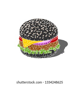 Beef meat or vegetable cutlet cheese burger  hamburger big mac sandwich, with tomato, salad leaf, onion, black bread, sesame seeds, vector stencil drawing without outlines. Bistro. American snack.