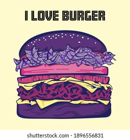 Beef meat or vegetable cutlet cheese burger hamburger purple colour big mac sandwich, with tomato, salad leaf, onion, purple bread, sesame seeds, vector stencil drawing without outlines