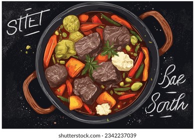 Beef meat and vegetable stew in a black bowl.