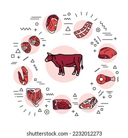 Beef meat web banner. Infographics with linear icons on white background. Creative idea concept.